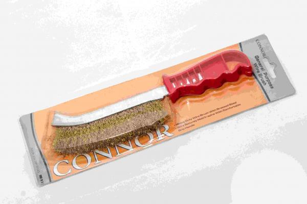 CEPILLO ALAMBRE BRONCEADO CURVO "CONNOR" - 25 CM. - MANGO PLÁSTICO - EN BLISTER. 